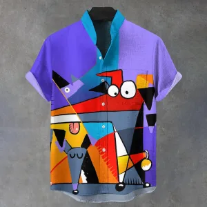 Abstract Color Block Stitching Cartoon Dogs Printing Short Sleeve Shirt 2412000345