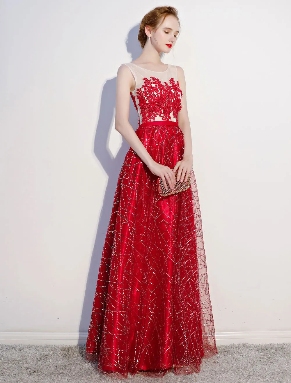 Amazing Dark Navy Evening Dresses Lace Sequin Illusion Sleeveless Floor Length Evening Dress