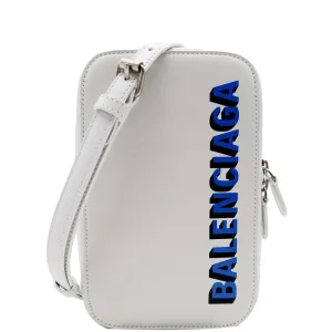 BALENCIAGA Logo Print Leather Strap Cash Phone Holder White