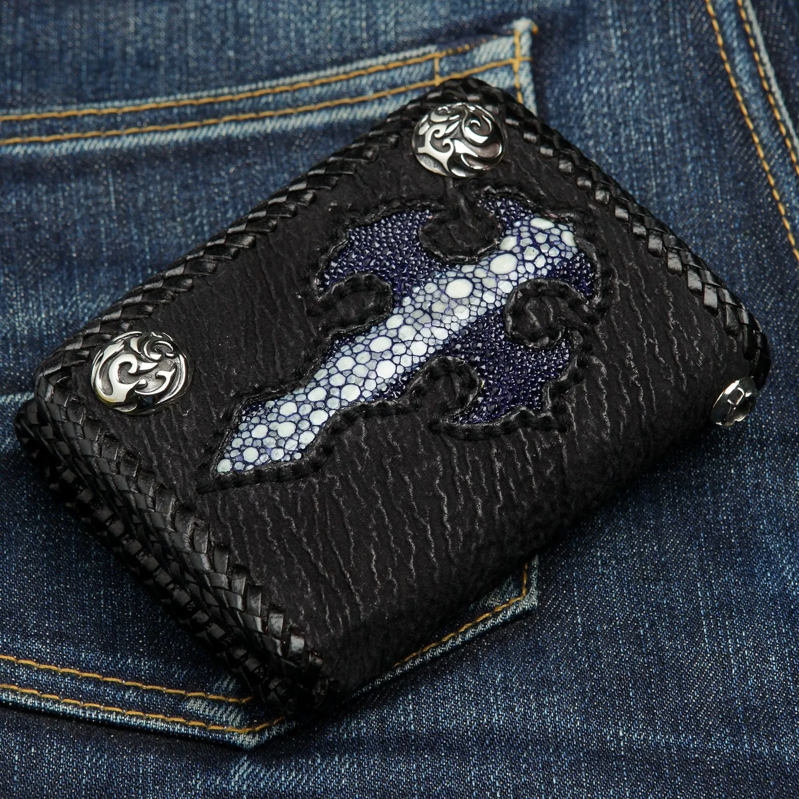Blue Stingray Leather Gothic Cross Biker Wallet