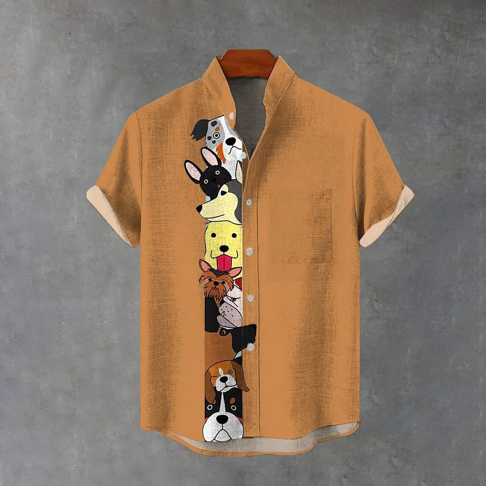 Cartoon Puppies Stacked Print Breast Pocket Cotton Linen Short Sleeve Shirt
