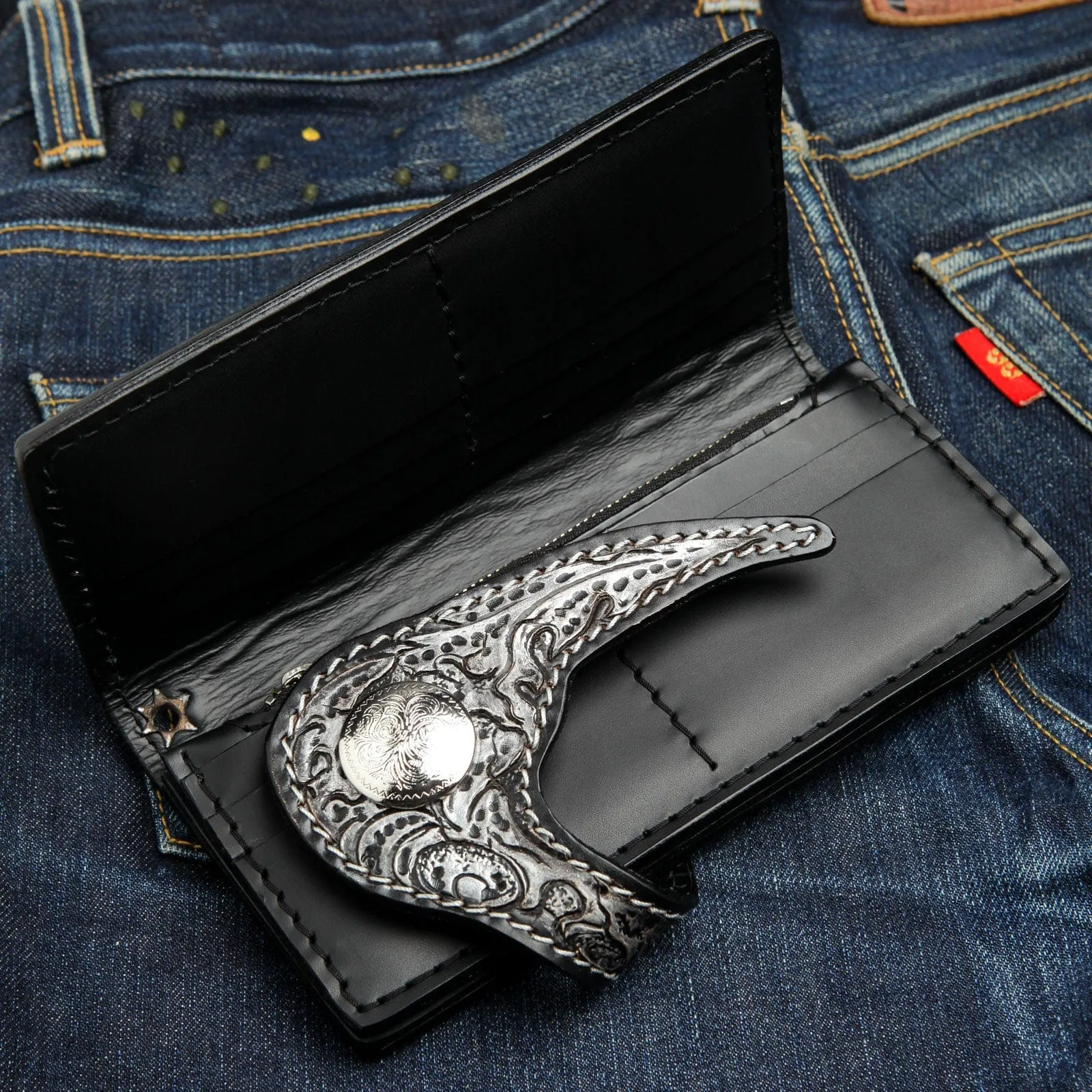 Carved Real Leather Harley Indian Skull Long Biker Chain Wallet