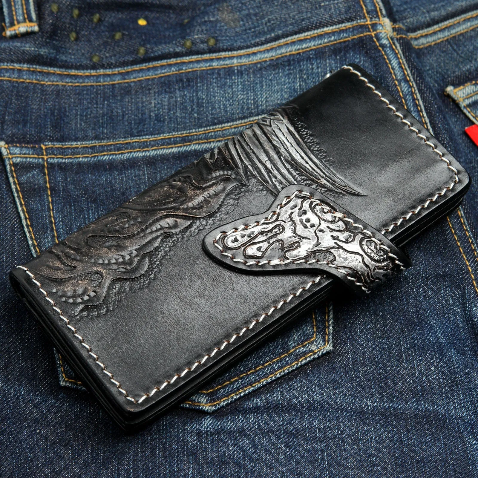 Carved Real Leather Harley Indian Skull Long Biker Chain Wallet