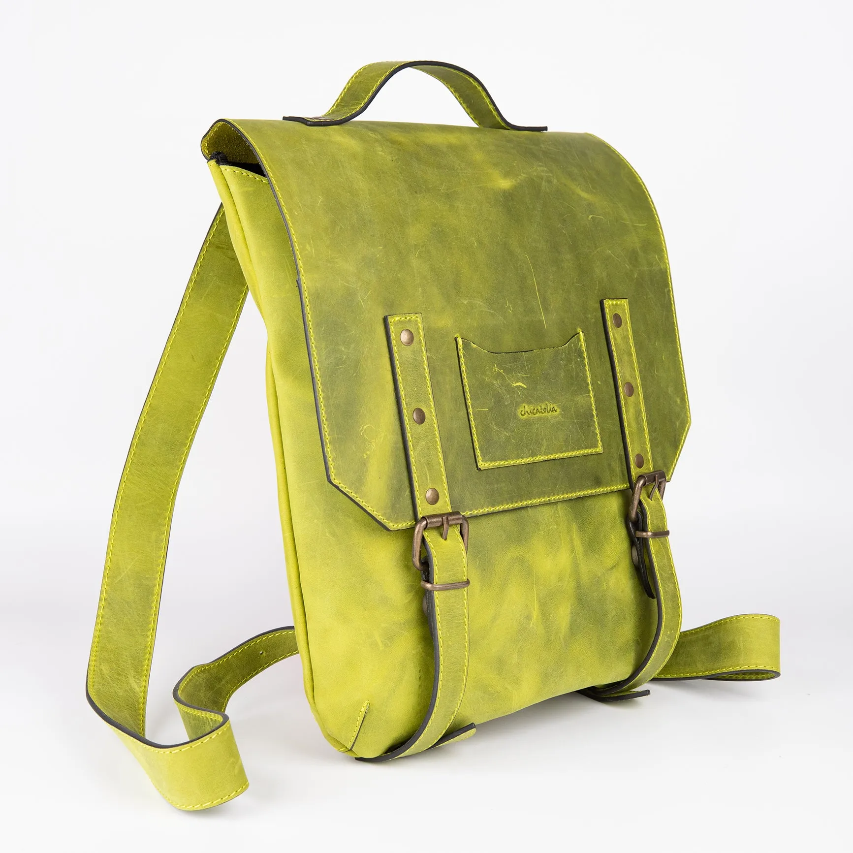 Crazy Horse Leather Backpack - Lime Green