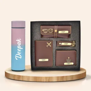Customized Bottle with Temperature display - Pastel Shade 1 & All in One Men's Combo (4 pcs) - Brown
