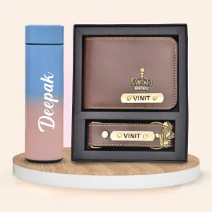 Customized Bottle with Temperature display - Pastel Shade 2 & All in One Men's Combo (2 pcs) - Brown