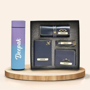 Customized Bottle with Temperature display - Pastel Shade 3 & All in One Men's Combo (4 pcs)- Royal Blue