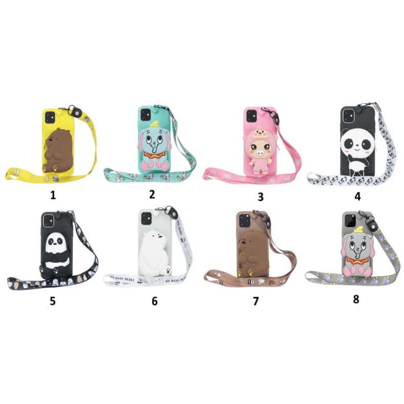 For HUAWEI Y6 2019 Y7 2019 Y9 2019 Cartoon Full Protective TPU Mobile Phone Cover with Mini Coin Purse Cartoon Hanging Lanyard 5 black striped bears