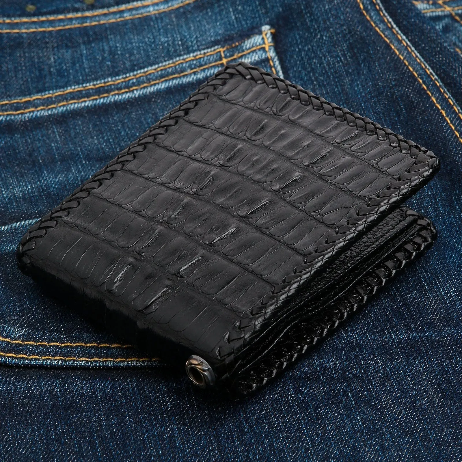Genuine Black Crocodile Tail Skin Leather Biker Wallet