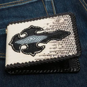Genuine Exotic Stingray Inlaid Lizard Skin Leather Cross Biker Chain Wallet