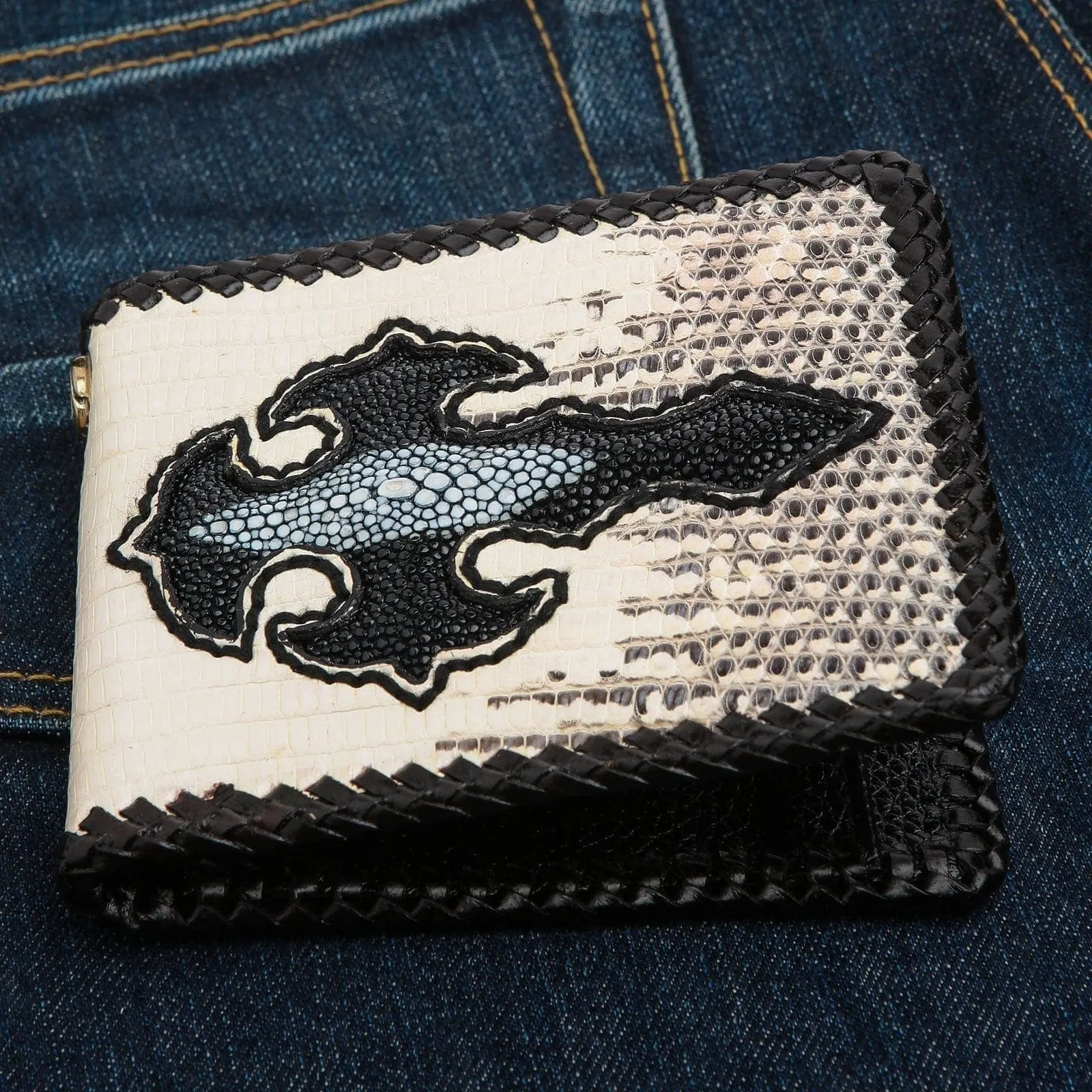 Genuine Exotic Stingray Inlaid Lizard Skin Leather Cross Biker Chain Wallet