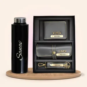 Personalised Black Classic Smart Bottle (1 Litre) & All in One Men's Combo (3 pcs) - Grey