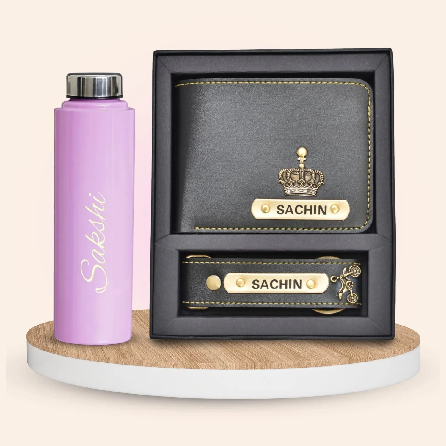 Personalised Pink Classic Smart Bottle (1 Litre) & All in One Men's Combo (2 pcs) - Black