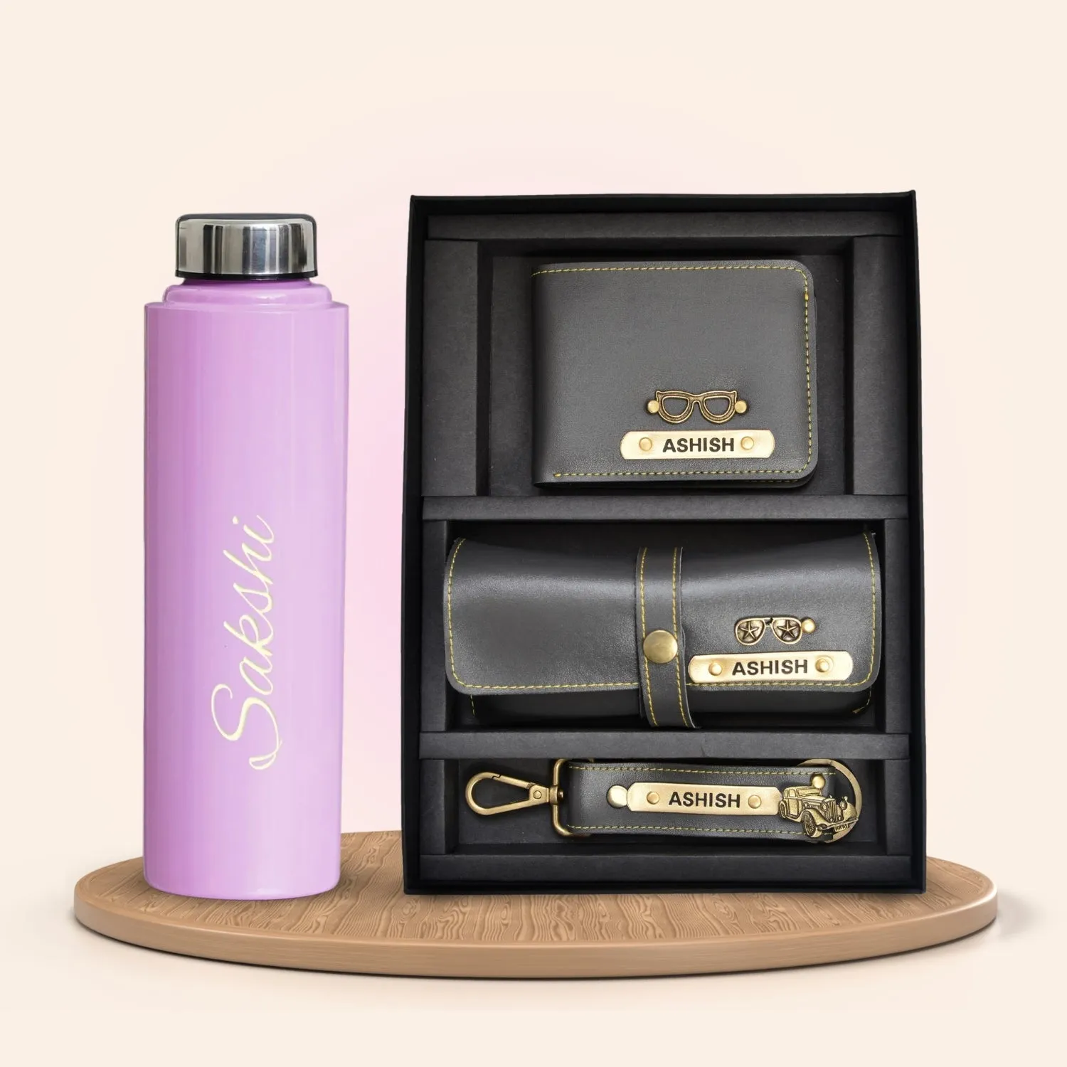 Personalised Pink Classic Smart Bottle (1 Litre) & All in One Men's Combo (3 pcs) - Grey