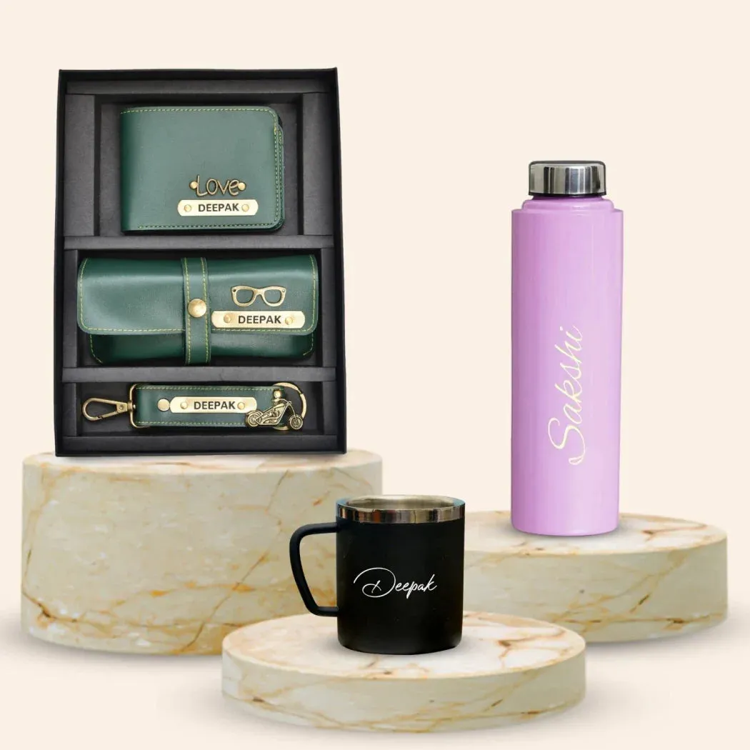 Personalised Pink Classic Smart Bottle (1 Litre). Stainless Steel Mug  & All in One Men's Combo (3 pcs) - Olive Green