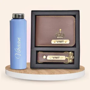 Personalised Violet Classic Smart Bottle (1 Litre) & All in One Men's Combo (2 pcs) - Brown