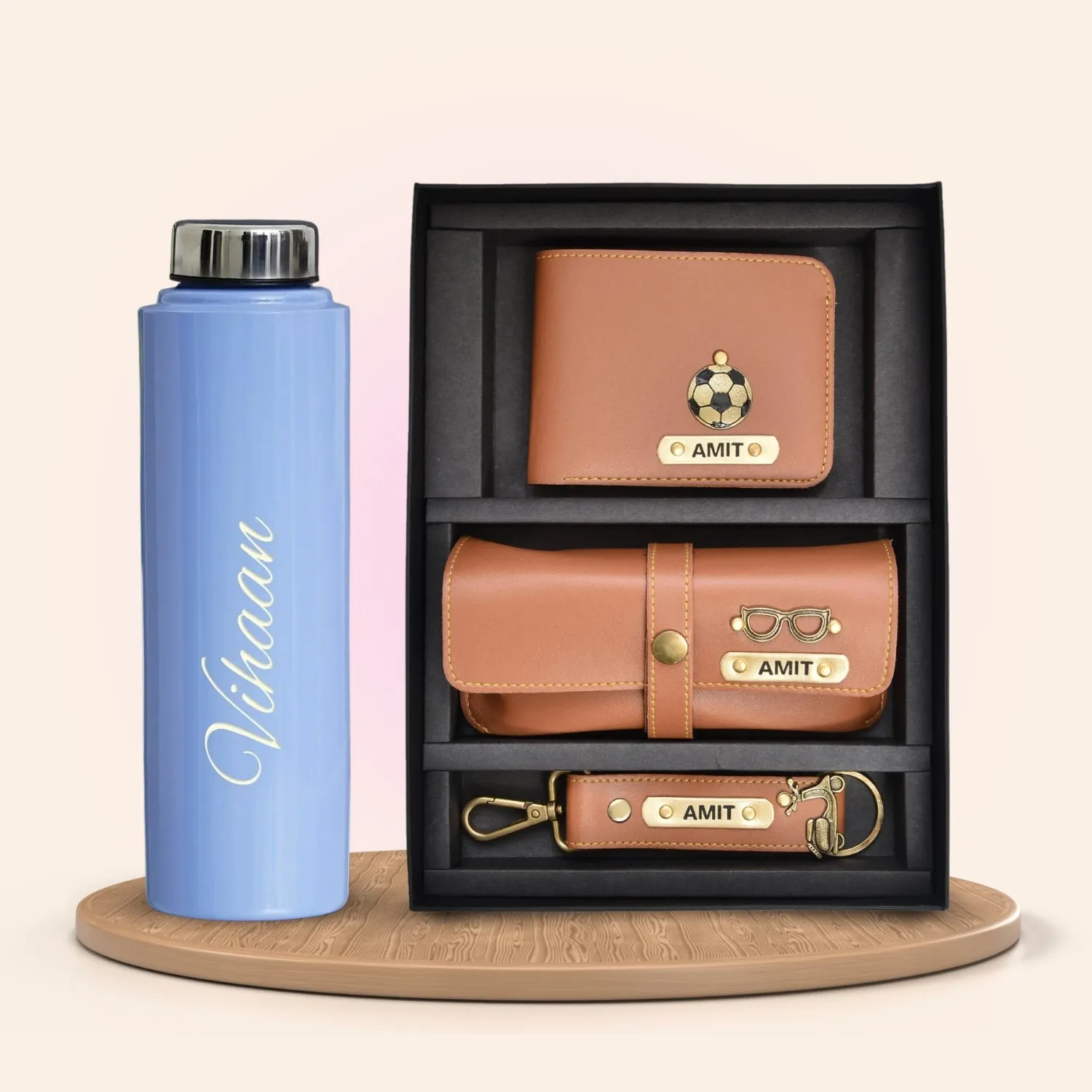 Personalised Violet Classic Smart Bottle (1 Litre) & All in One Men's Combo (3 pcs) - Tan