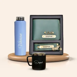 Personalised Voilet Classic Smart Bottle (1 Litre), Stainless Steel Mug & All in One Men's Combo (2 pcs) - Olive Green