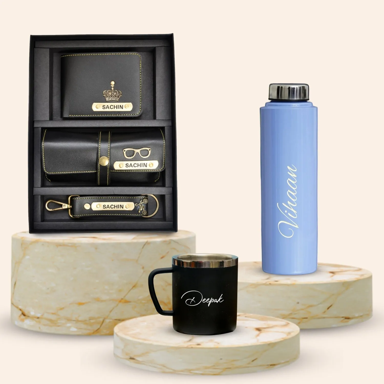 Personalised Voilet Classic Smart Bottle (1 Litre), Stainless Steel Mug & All in One Men's Combo (3 pcs) - Black