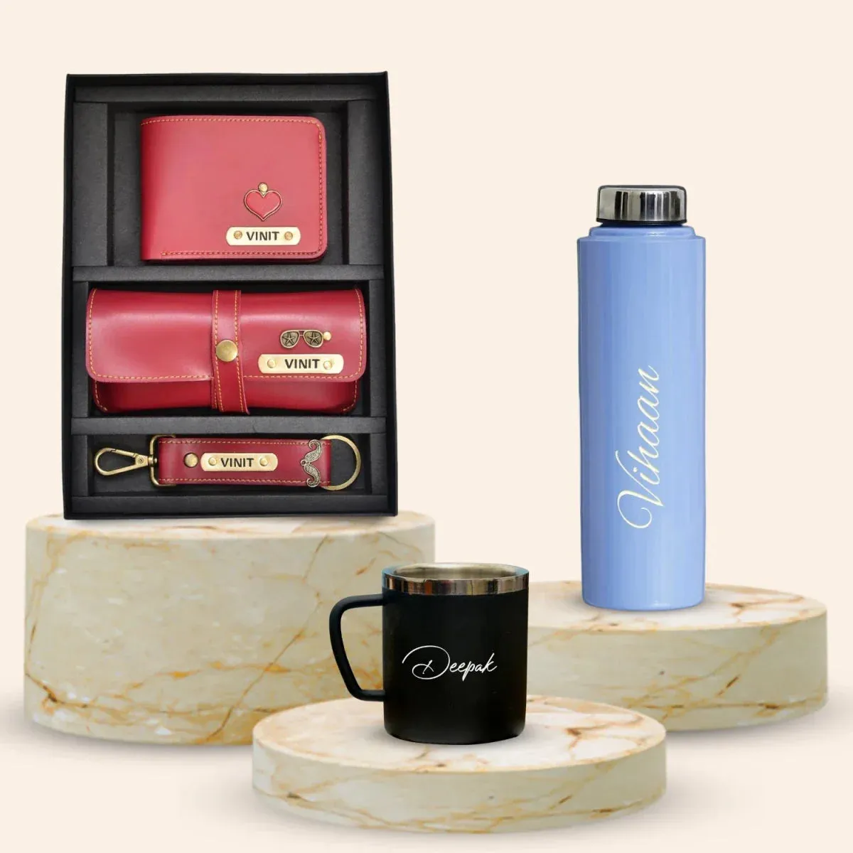 Personalised Voilet Classic Smart Bottle (1 Litre), Stainless Steel Mug & All in One Men's Combo (3 pcs) - Wine