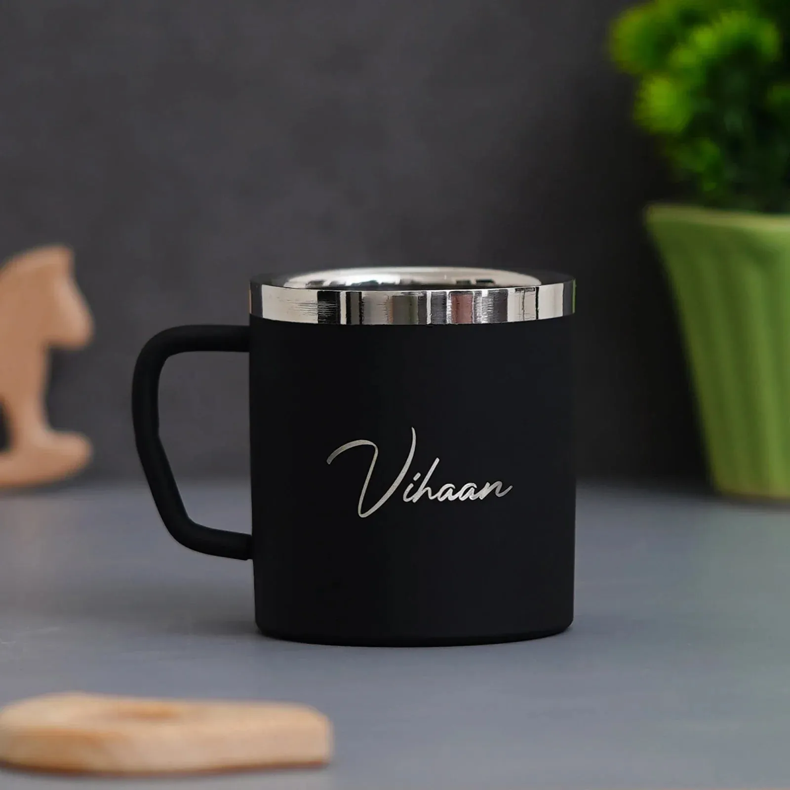 Personalised Voilet Classic Smart Bottle (1 Litre), Stainless Steel Mug & All in One Men's Combo (4 pcs) - Black