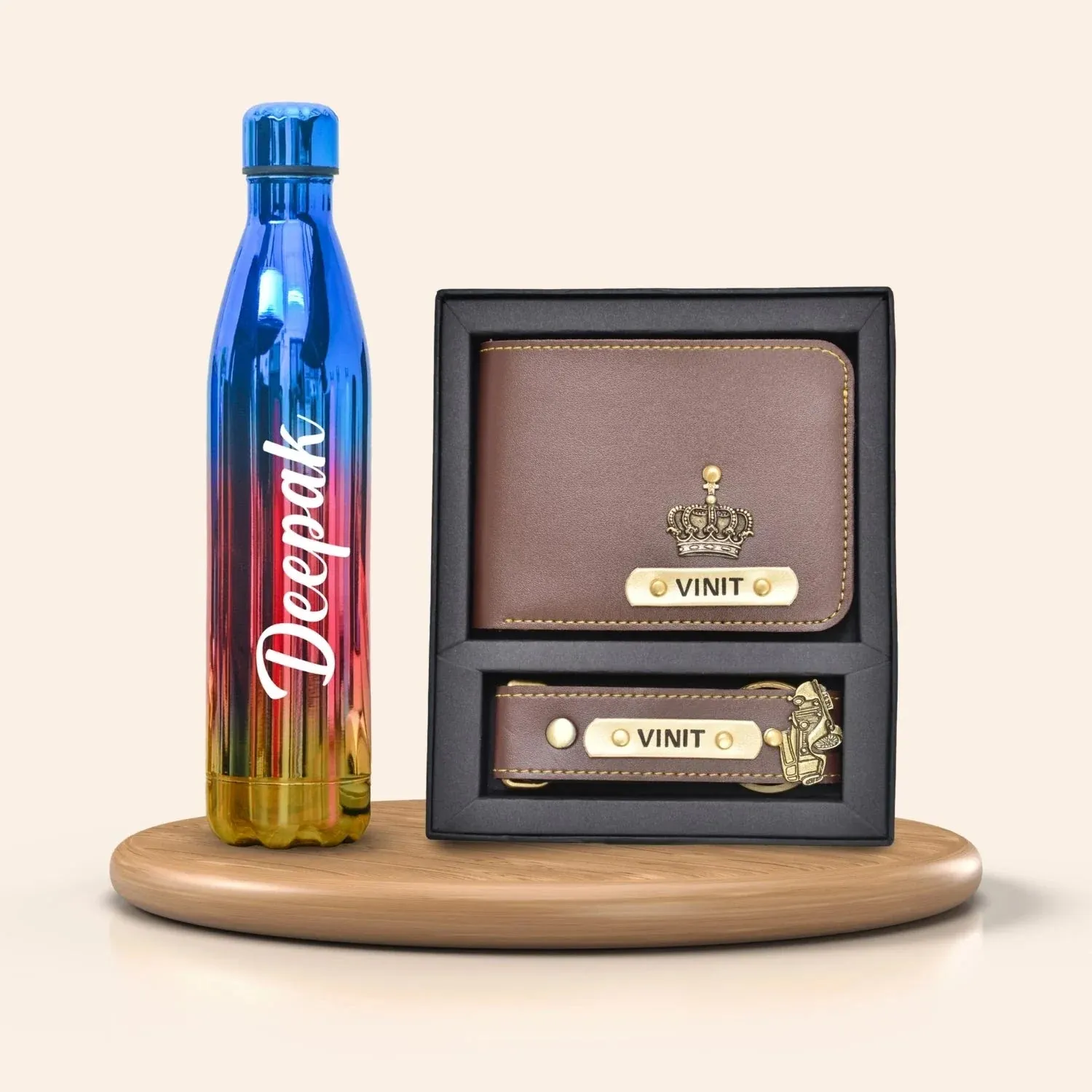 Personalized All in One Men's Combo (2 pcs) & Customized Rainbow Stainless Steel Water Bottles - Brown