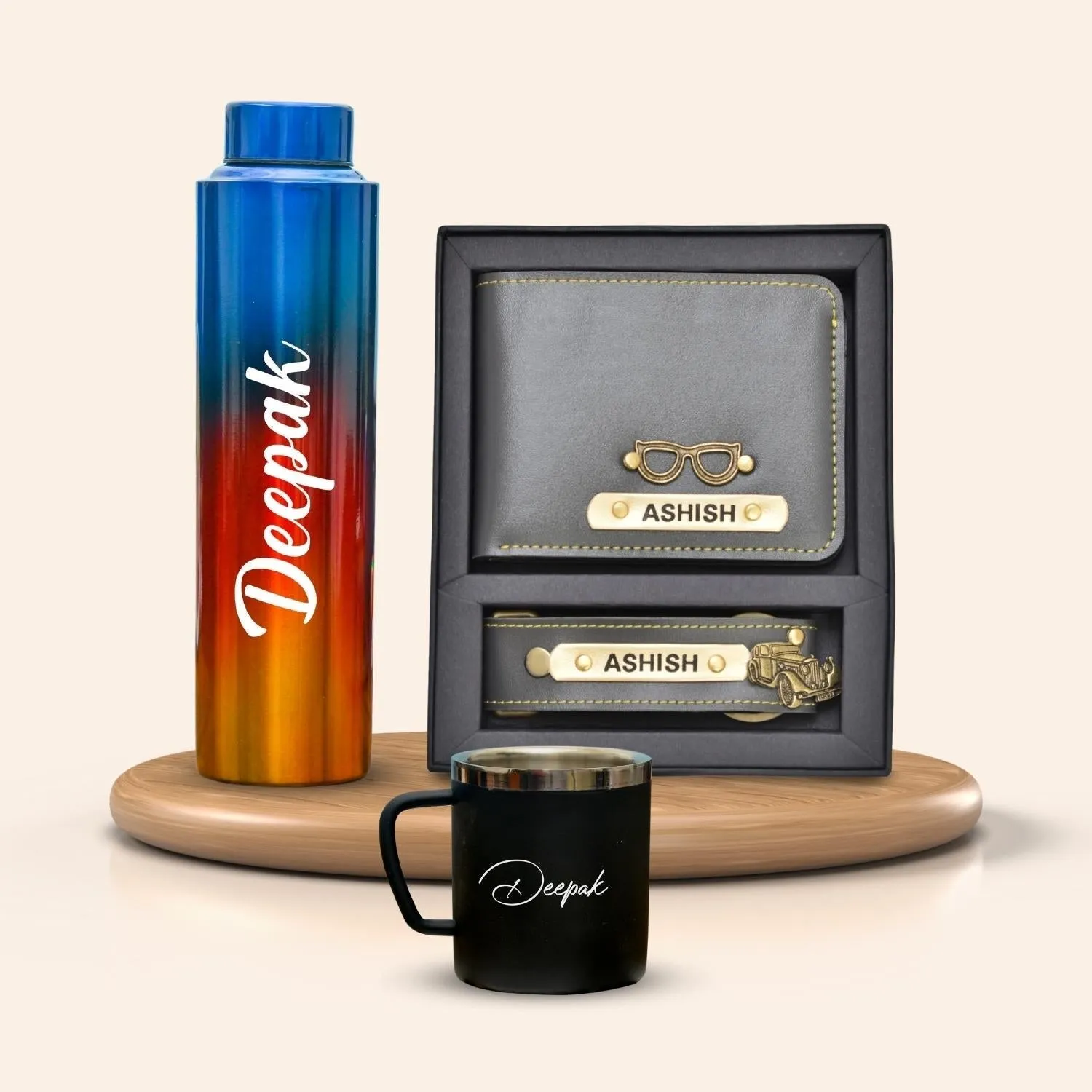 Personalized All in One Men's Combo (2 pcs) & Rainbow Classic Bottle 1Litre & Stainless Steel Mug - Grey