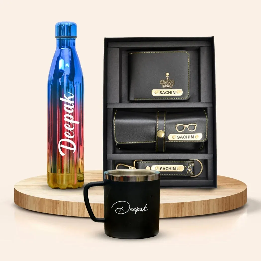 Personalized All in One Men's Combo (3 pcs) & Customized Rainbow Stainless Steel Water Bottles & Stainless Steel Mug - Black