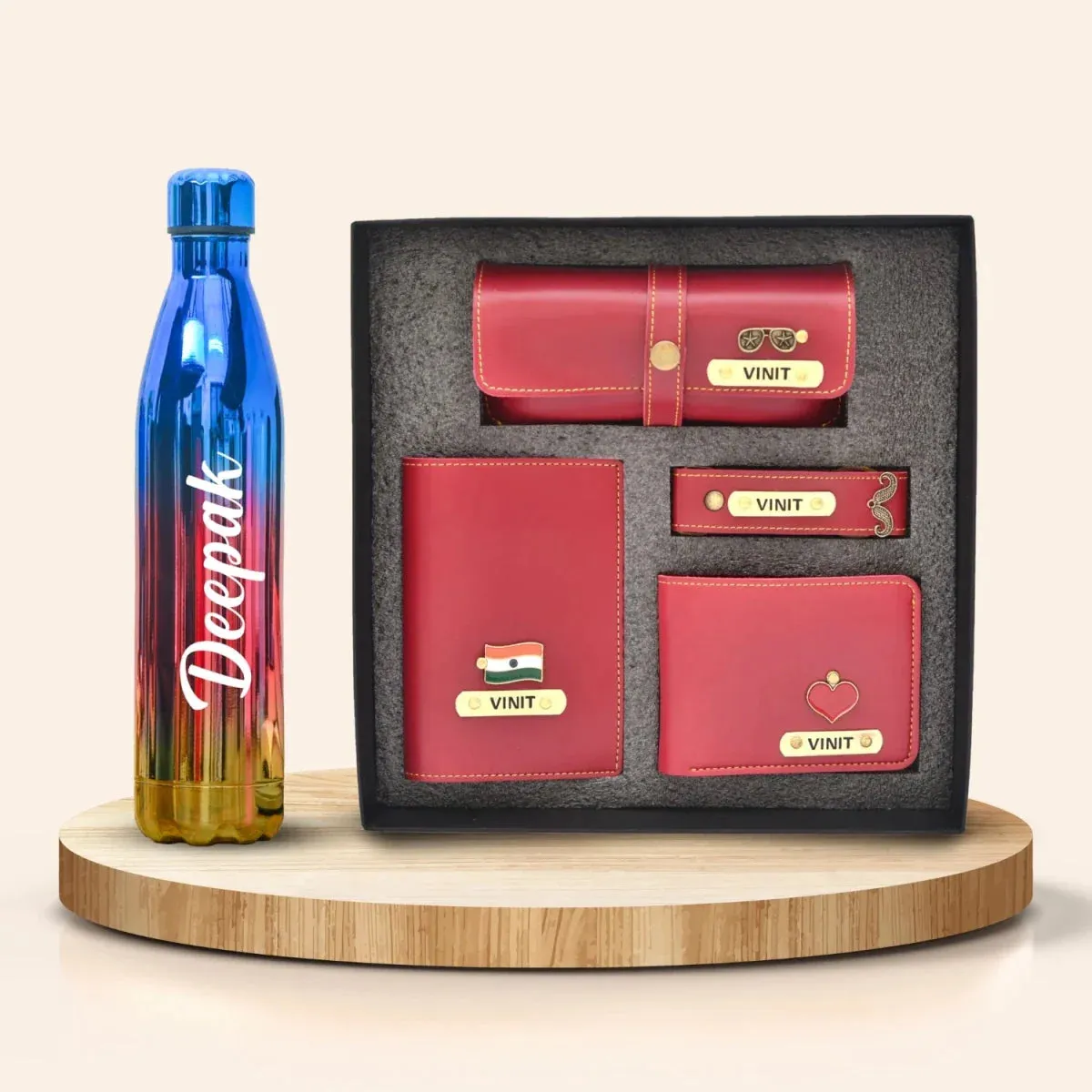 Personalized All in One Men's Combo (4 pcs) & Customized Rainbow Stainless Steel Water Bottles - Wine