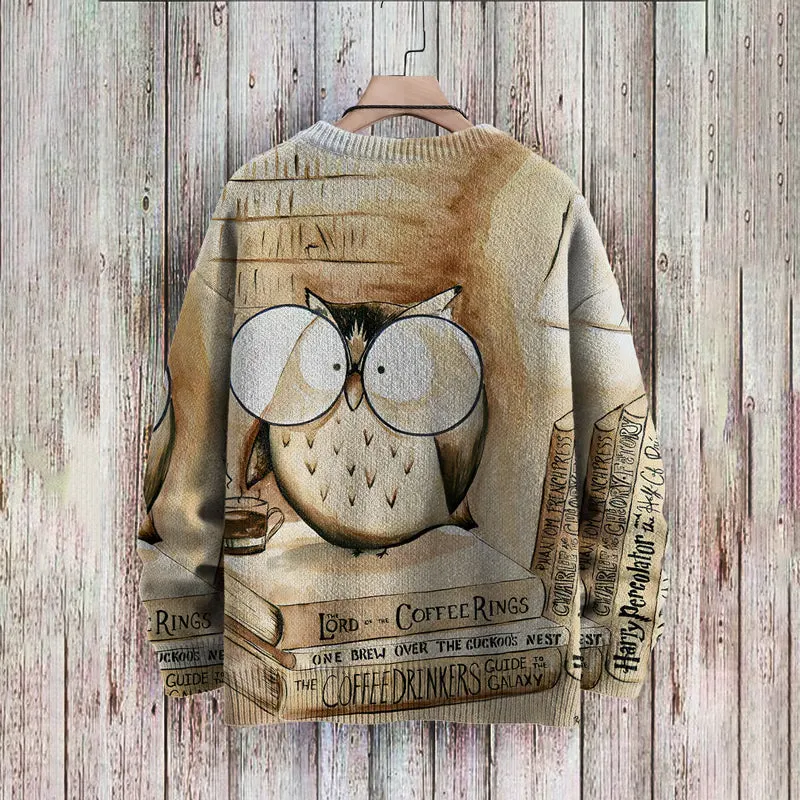 Retro Owl Book Art Print Casual Knit Pullover Sweater