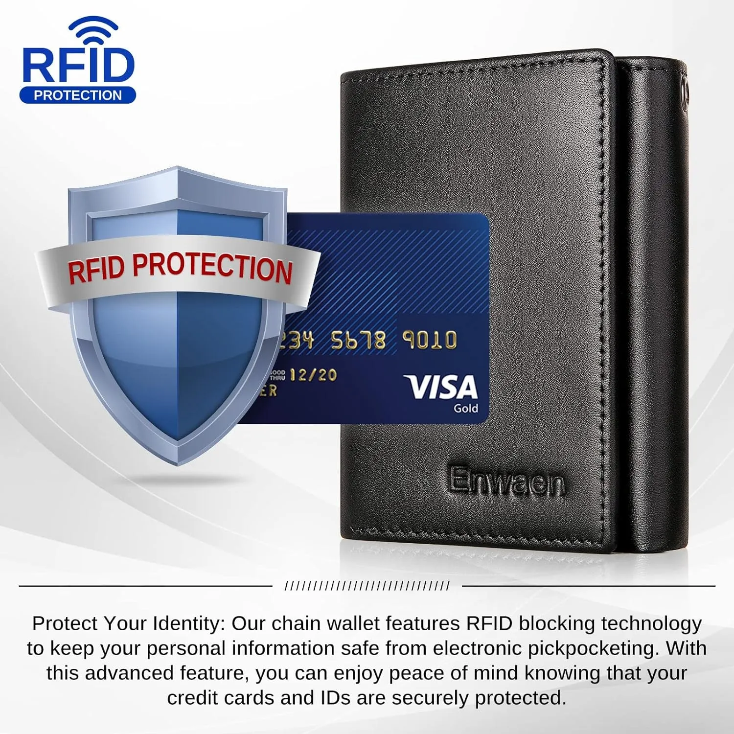 RFID Genuine Leather Trifold Chain Wallet With Anti - Theft Chain