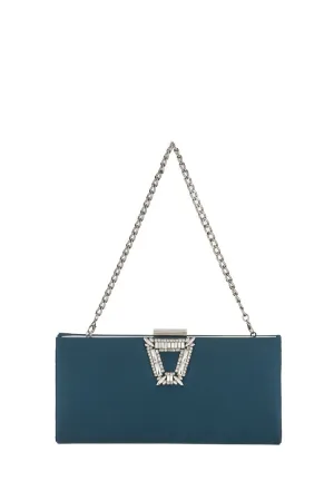 SALE Satin Rhinestone Long Clutch Teal