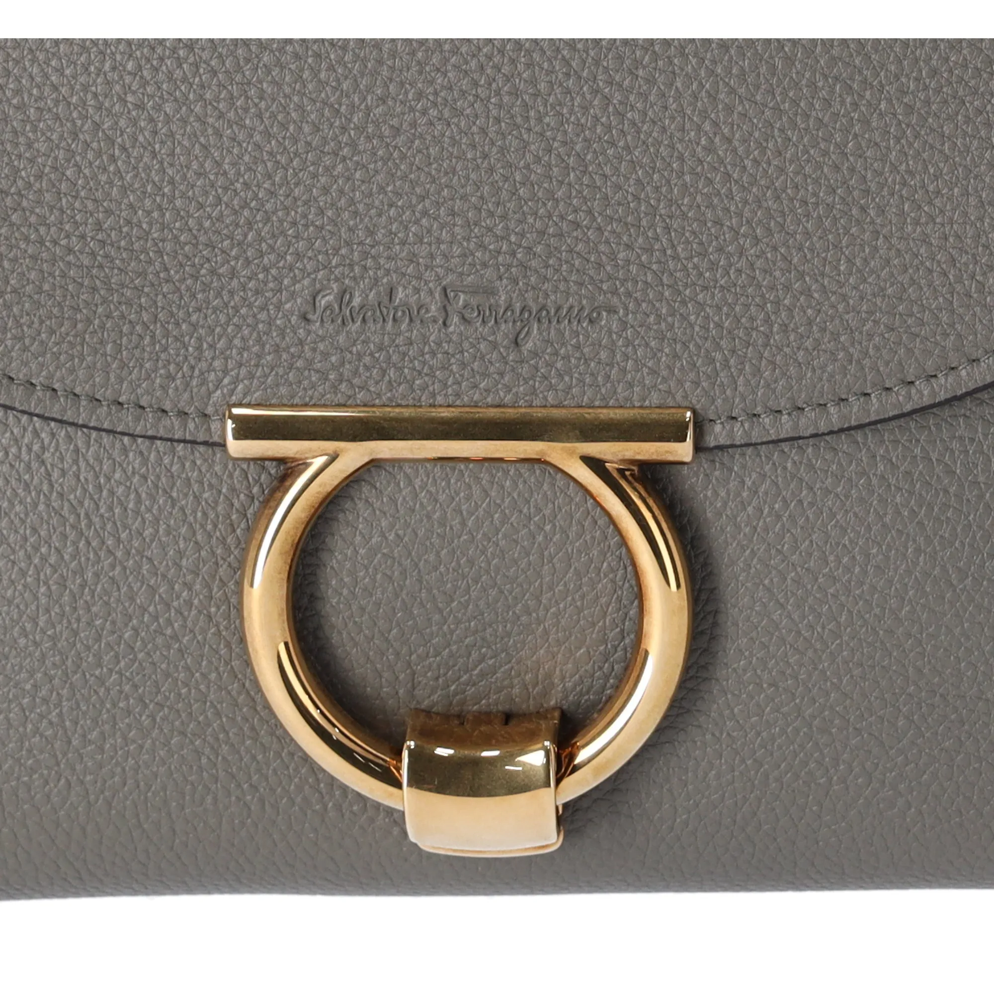 Salvatore Ferragamo Gancini Handbag Shoulder Bag GG-21H493 Gray Pebbled Leather