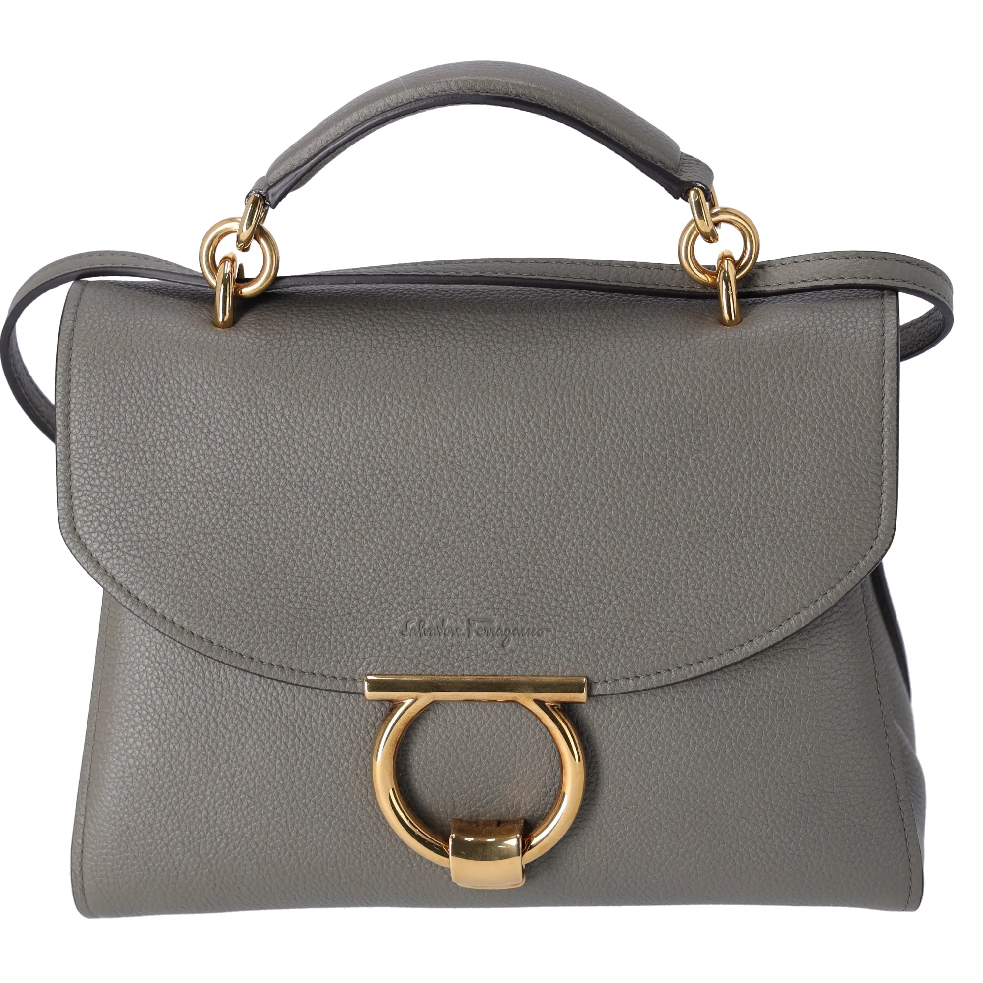 Salvatore Ferragamo Gancini Handbag Shoulder Bag GG-21H493 Gray Pebbled Leather
